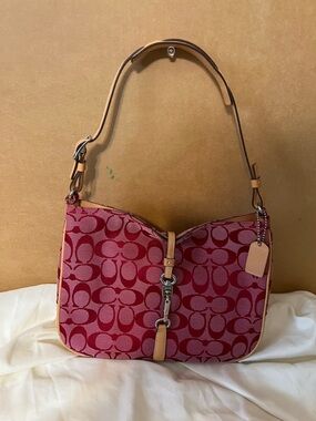 Coach Pink and Red Signature Jacquard Shoulder Bag with Tan Trim